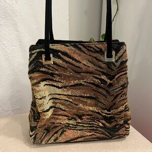 Vintage tiger tapestry shoulder bag with gold hardware and black straps
